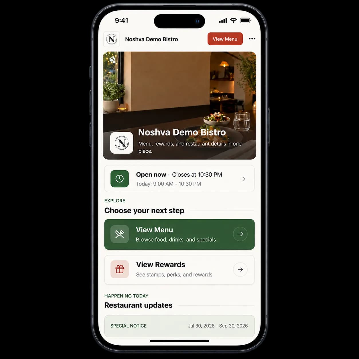 A phone showing a Noshva restaurant experience with Menu and Rewards actions