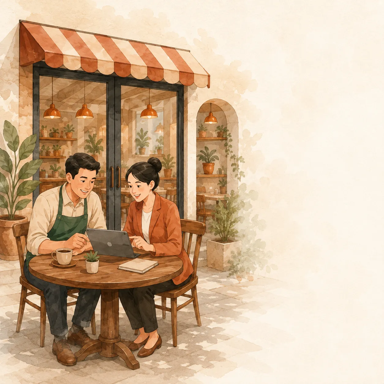 A restaurant owner reviewing a guided Noshva setup with a support specialist