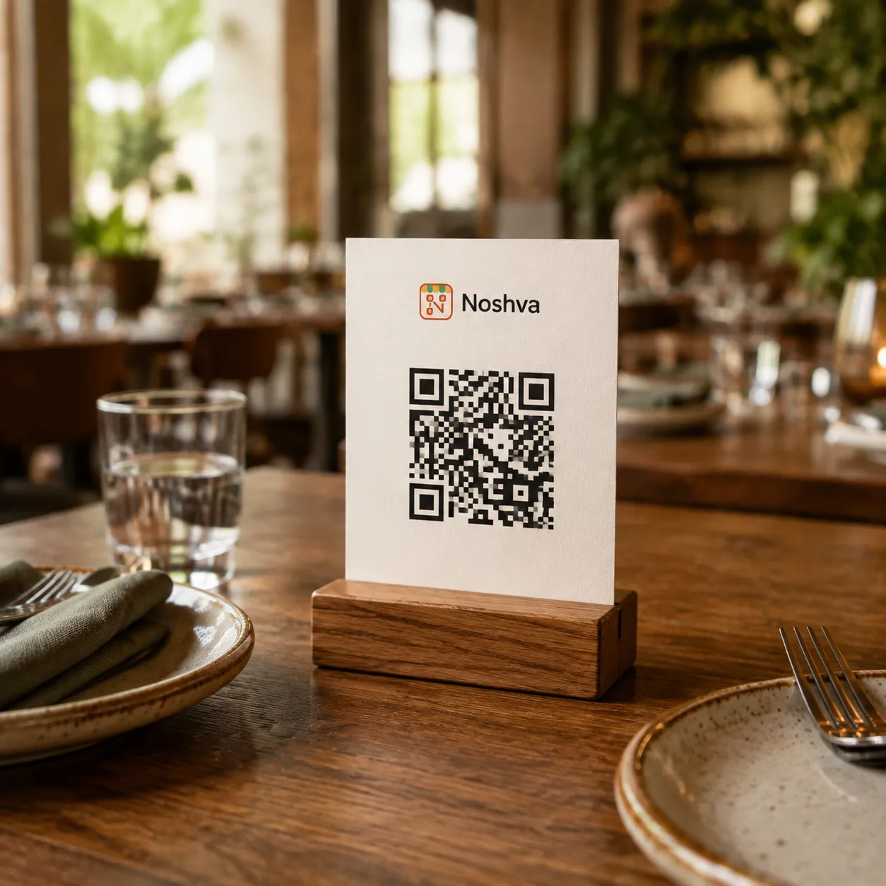 A Noshva QR table stand displayed on a restaurant table.